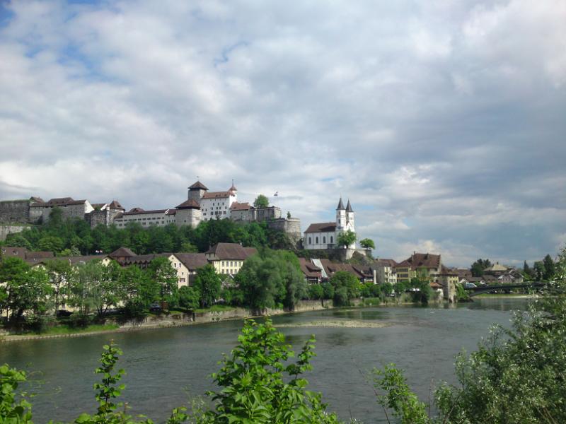 DSC01566.JPG - Stadtkirche und Anlage throinen hoch über dem Aareufer.